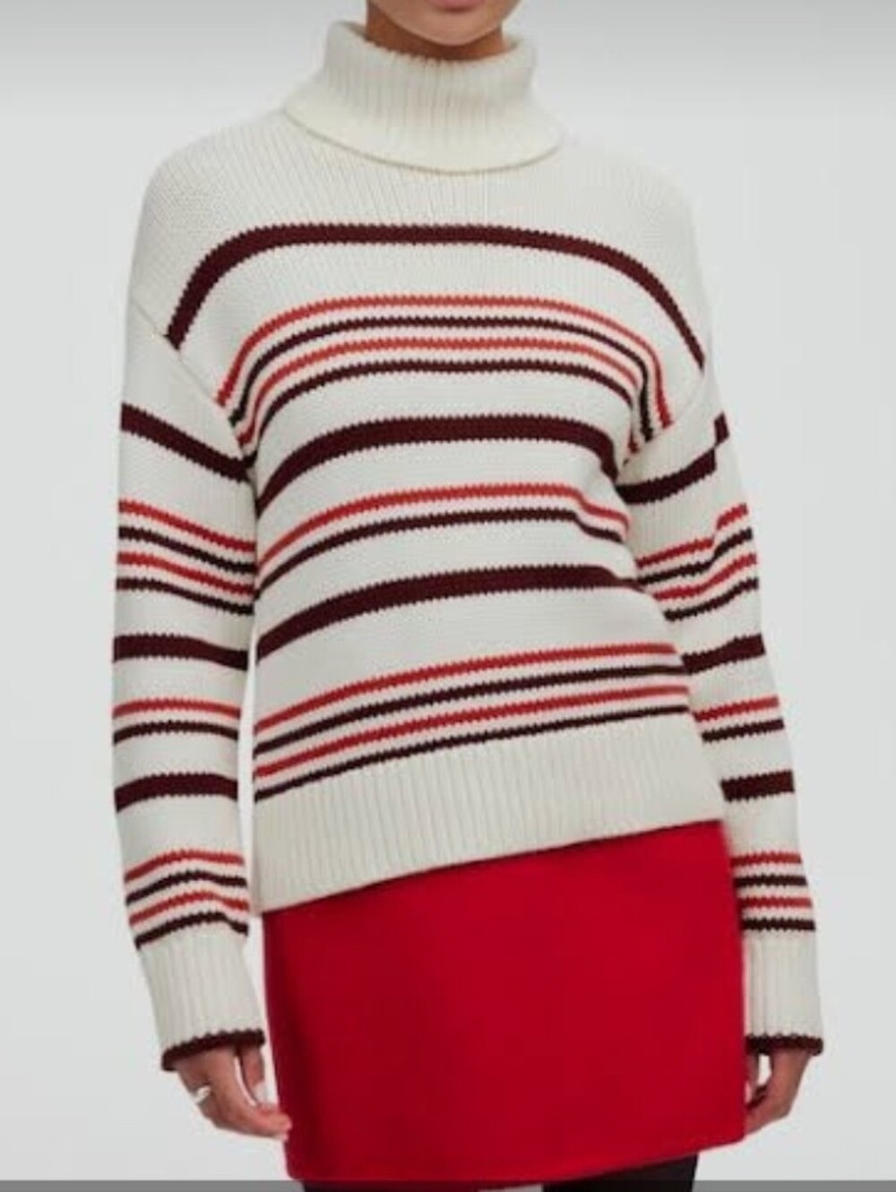 Madewell Cream Turtleneck Sweater with Burgundy & Red Stripes 100 % Algodon.